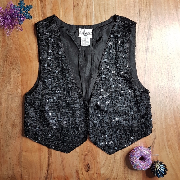 🌏 Vintage 100% Silk Sequined Vest • Sz M - Picture 1 of 16